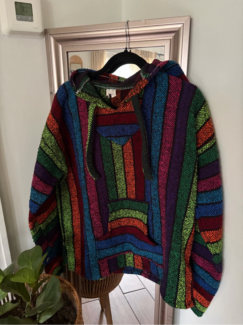 Vintage Artesanias F.R. Inc. Multicolor Baja Hoodie Mexican Drug Rug Size L